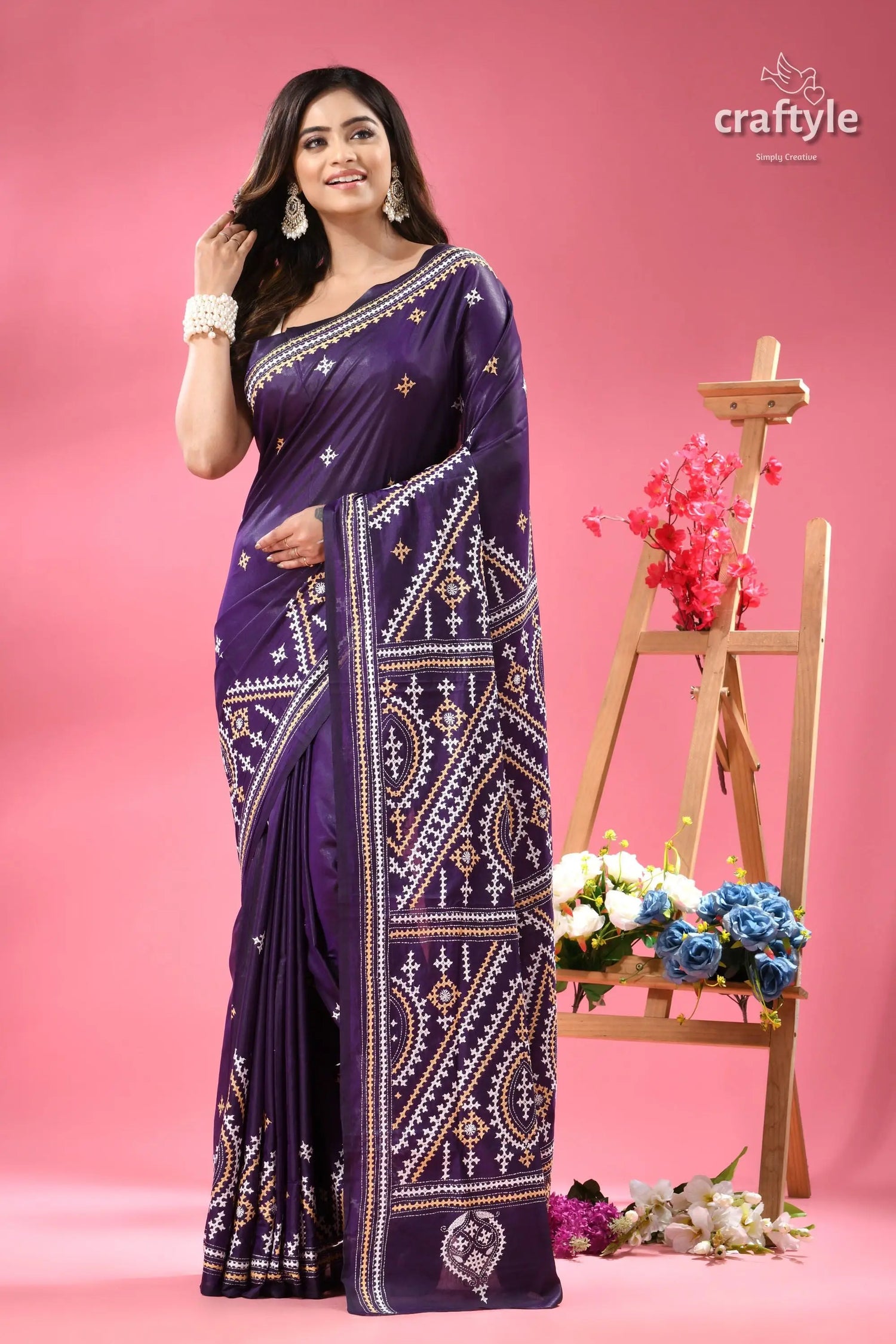 Jacarta silk gujrati stitch saree for women woman purple silk saree intricate 7
