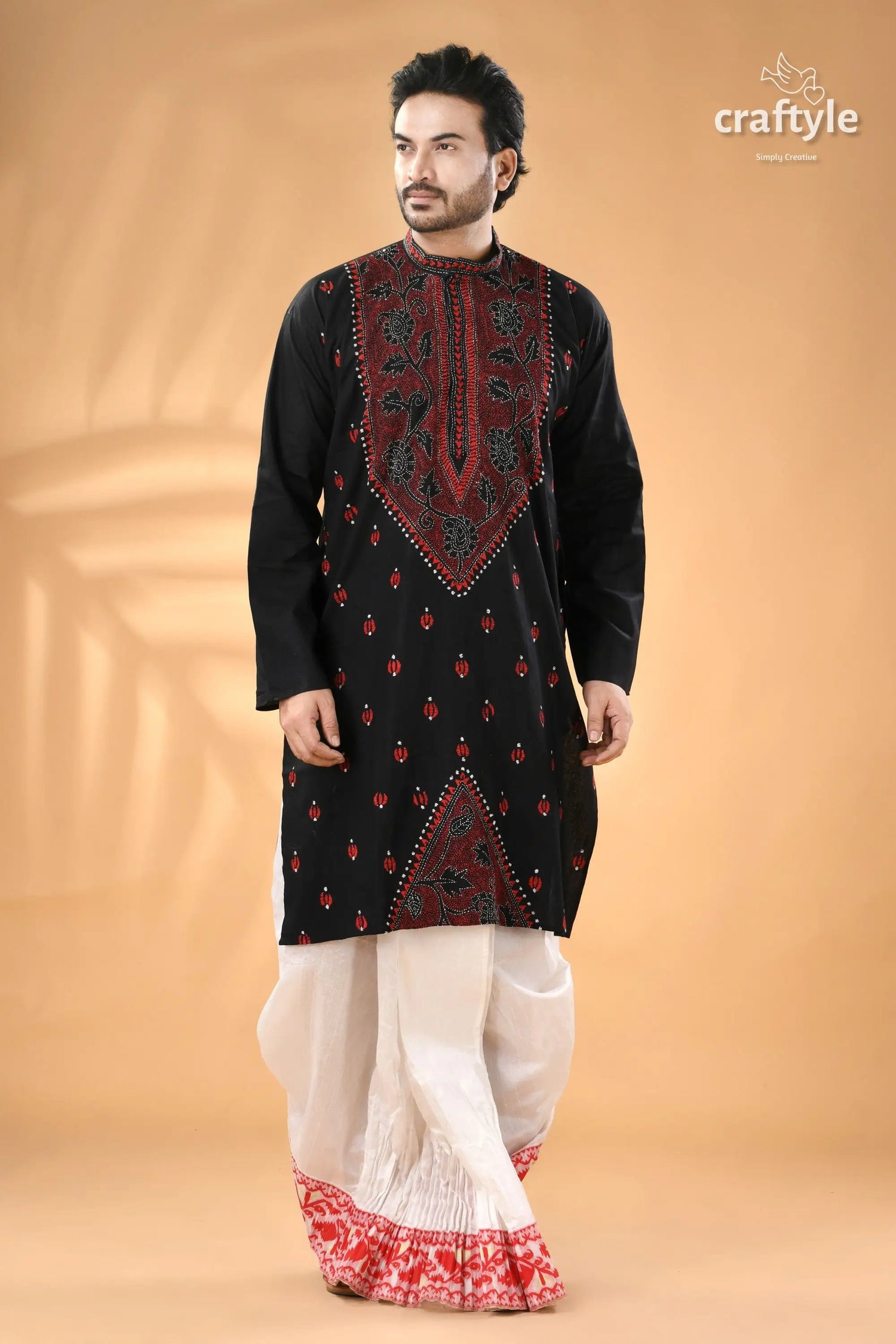 Jade black and red kantha work cotton kurta for men men’s black embroidered kurta white 5