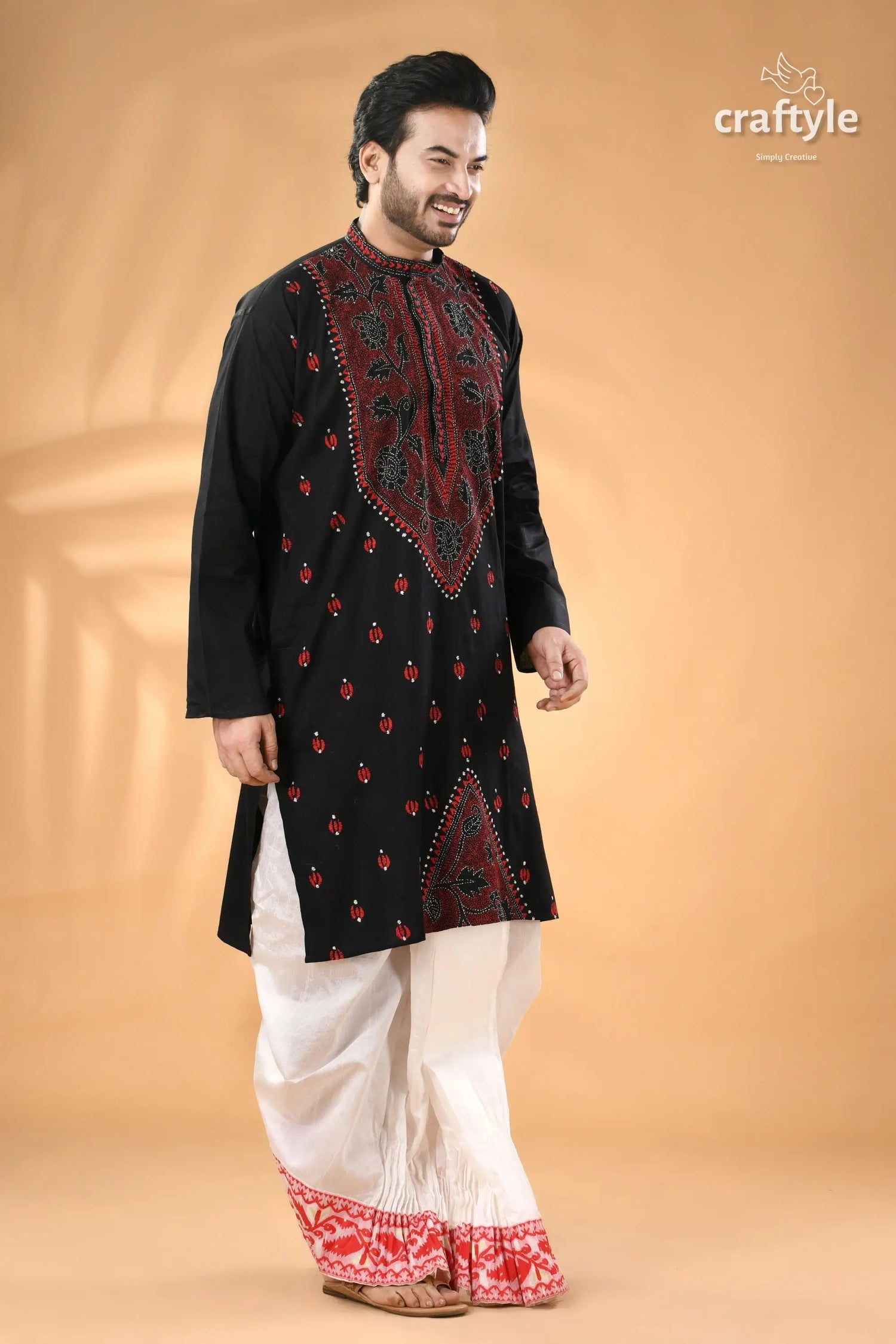 Jade black and red kantha work cotton kurta for men men’s black embroidered kurta white 3