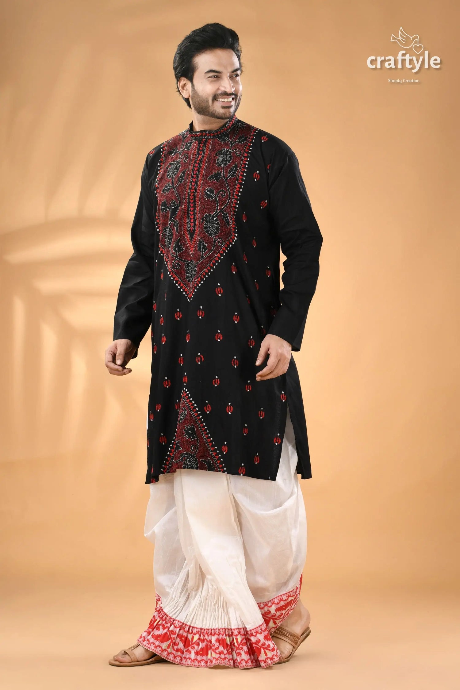 Jade black and red kantha work cotton kurta for men man black embroidered kurta white 4