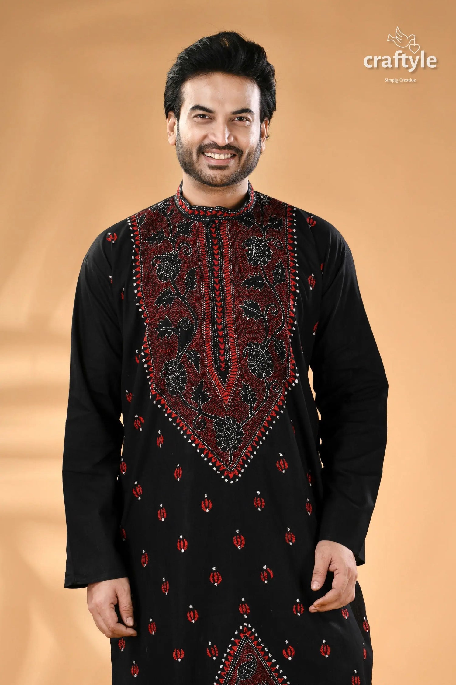 Jade black and red kantha work cotton kurta for men men’s black embroidered long sleeve kurta 2