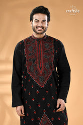 Jade black and red kantha work cotton kurta for men men’s black embroidered long sleeve kurta 2