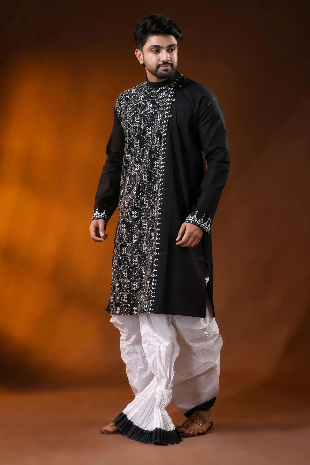 Jade black cotton kantha kurta for men - handcrafted geometric design 4