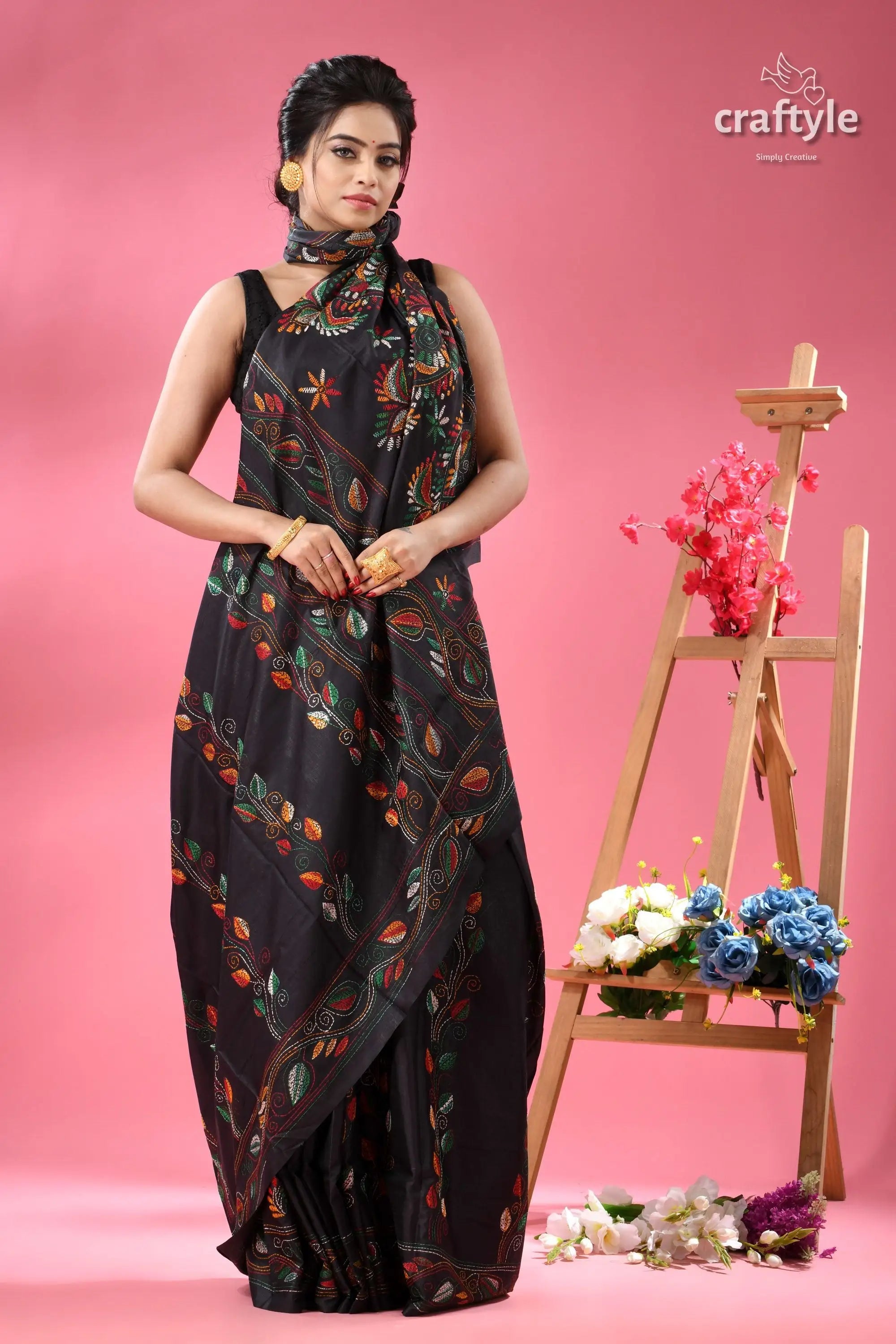 Jade black ethnic silk kantha stitched saree woman black sleeveless dress colorful 3