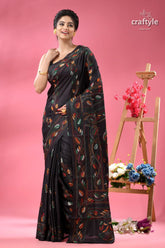 Jade black ethnic silk kantha stitched saree woman black silk saree colorful 6