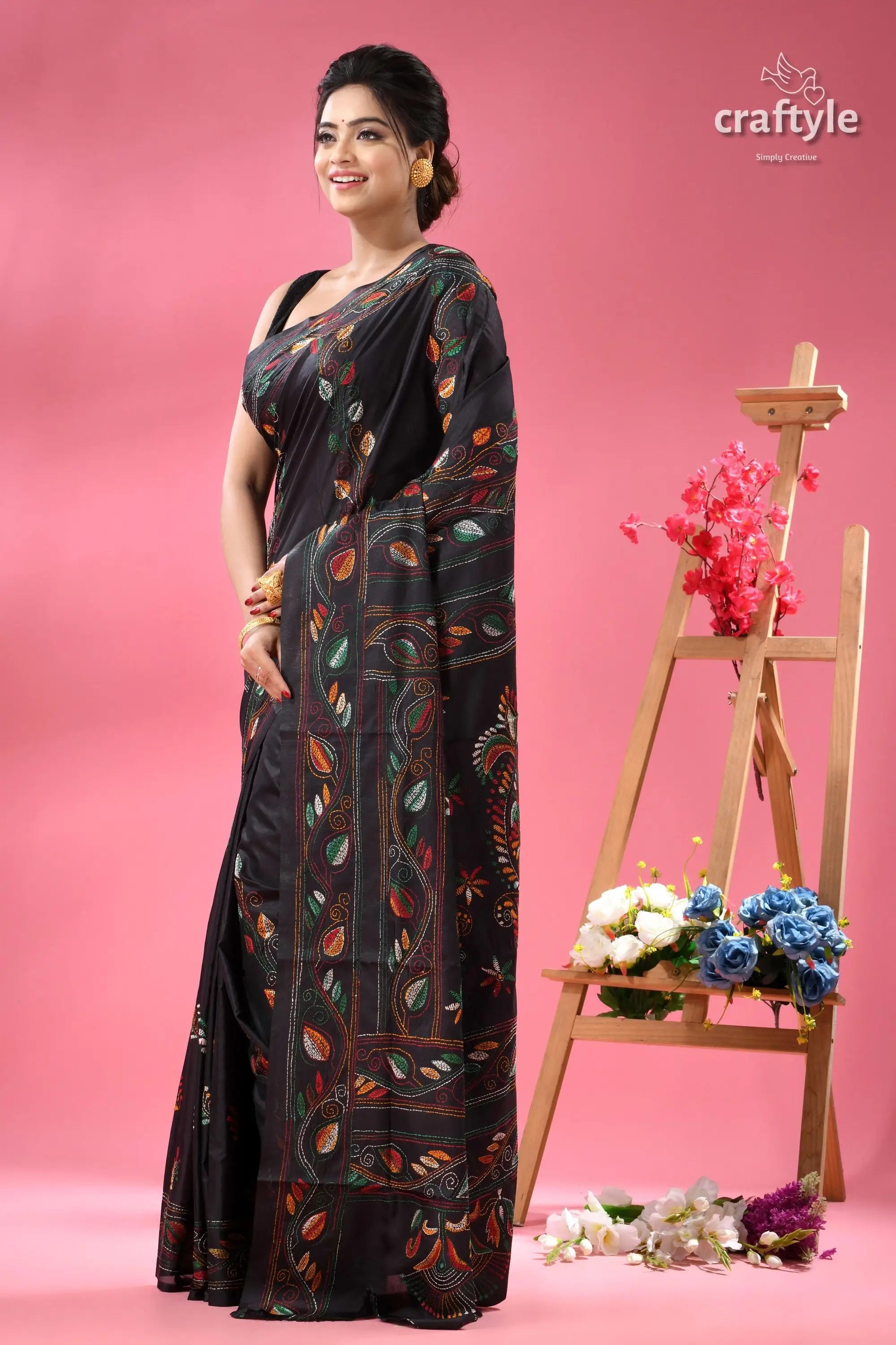 Jade black ethnic silk kantha stitched saree black saree colorful embroidery 4