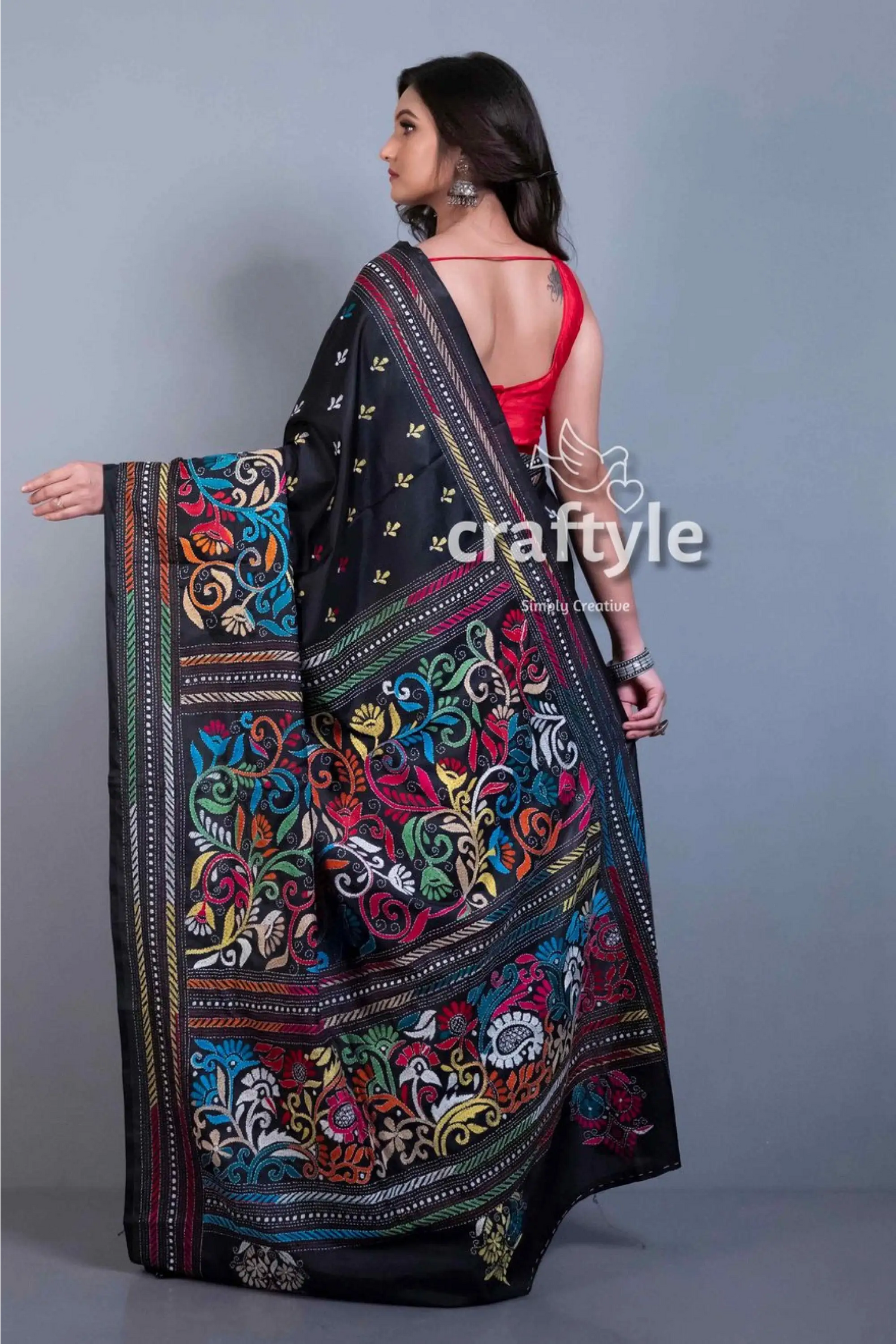 Jade black hand embroidered kantha work blended bangalore silk saree black saree colorful floral embroidery 4