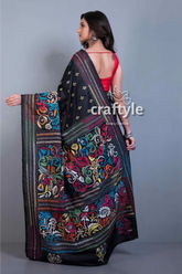 Jade black hand embroidered kantha work blended bangalore silk saree black saree colorful floral embroidery 4
