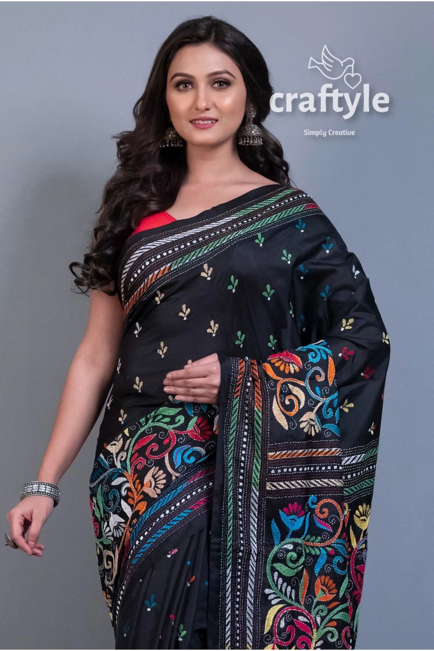 Jade black hand embroidered kantha work blended bangalore silk saree black embroidered saree 3