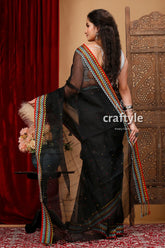Jade black handloom bengal cotton saree with woven border black sheer saree colorful border 5