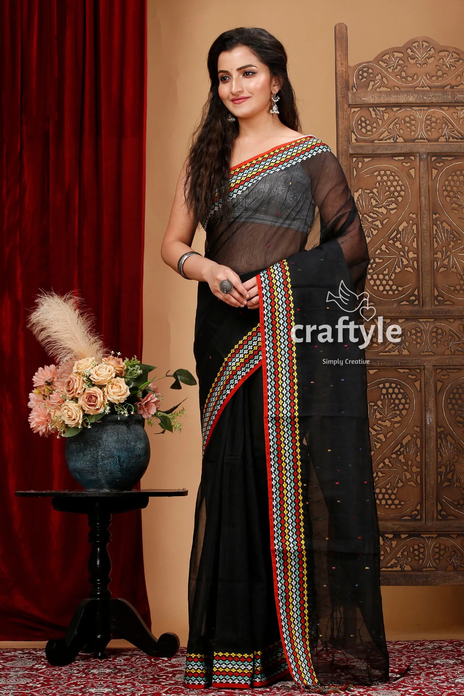Jade black handloom bengal cotton saree with woven border black sheer saree colorful embroidered 1