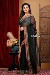 Jade black handloom bengal cotton saree with woven border black saree colorful embroidered border 4