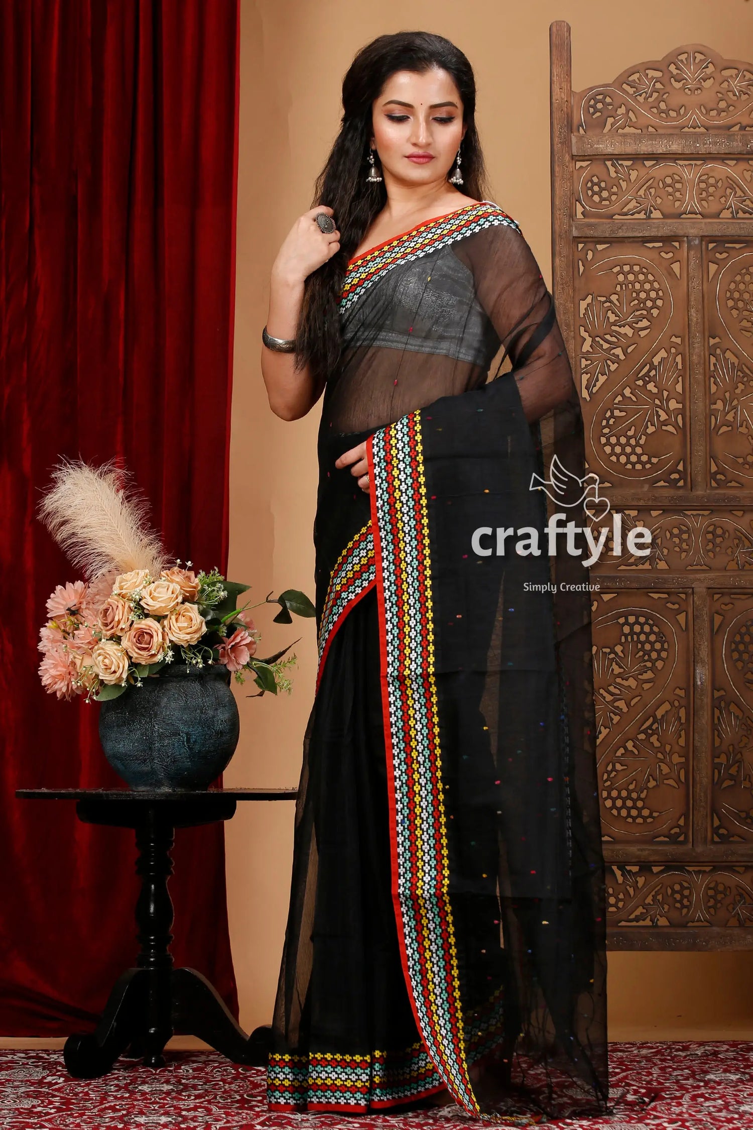 Jade black handloom bengal cotton saree with woven border black sheer saree colorful embroidered 3