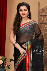 Jade black handloom bengal cotton saree with woven border black sheer saree colorful embroidered 2
