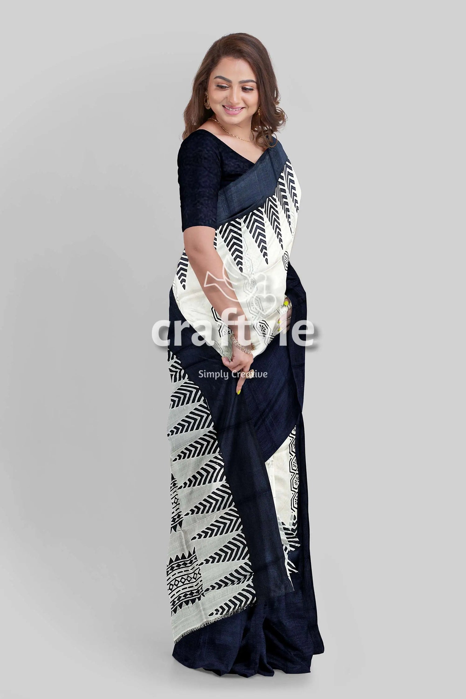 Jade black white hand block print pure mulberry silk saree - traditional indian style woman black white patterned saree