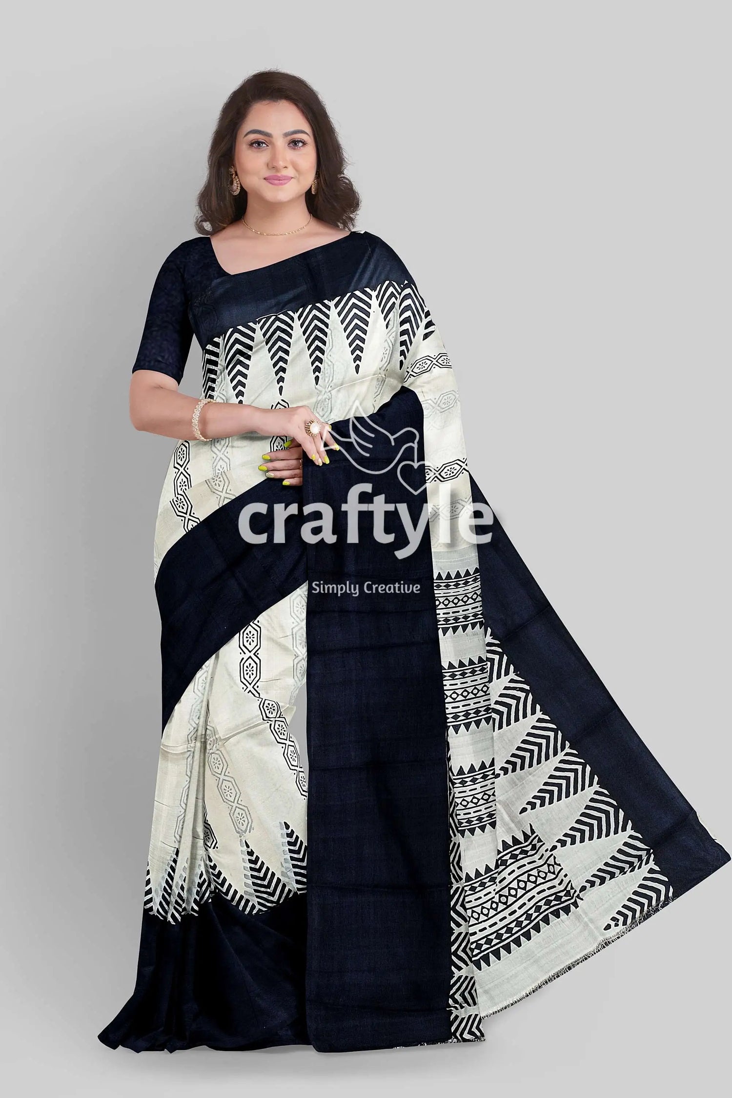 Jade black white hand block print pure mulberry silk saree - traditional indian style woman black white saree 2