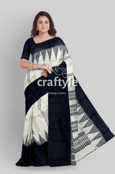 Jade black white hand block print pure mulberry silk saree - traditional indian style woman black white saree 2