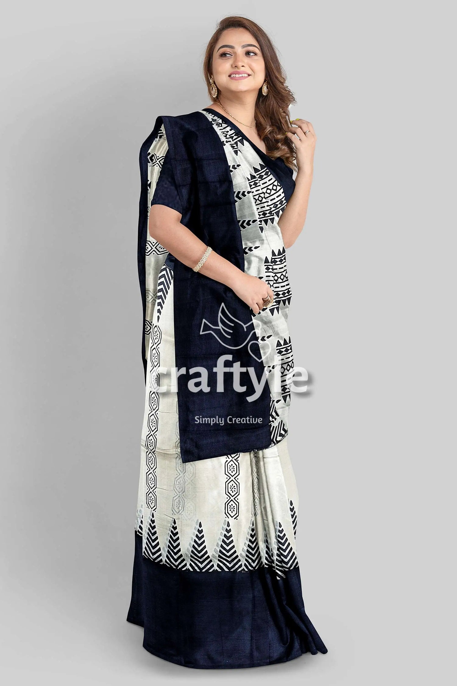 Jade black white hand block print pure mulberry silk saree - traditional indian style elegant black white saree 5