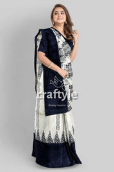 Jade black white hand block print pure mulberry silk saree - traditional indian style elegant black white saree 5