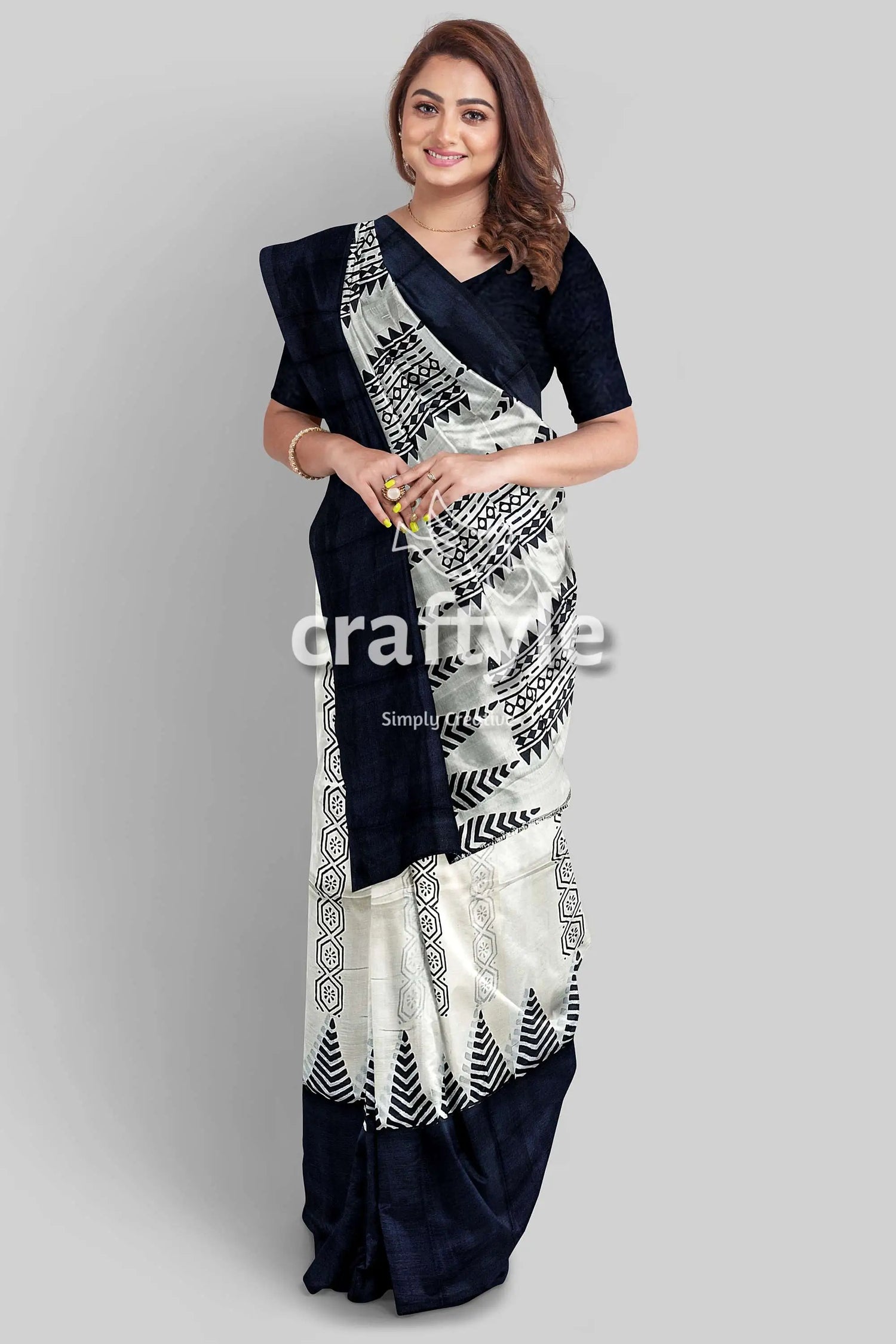Jade black white hand block print pure mulberry silk saree - traditional indian style woman black white saree 1