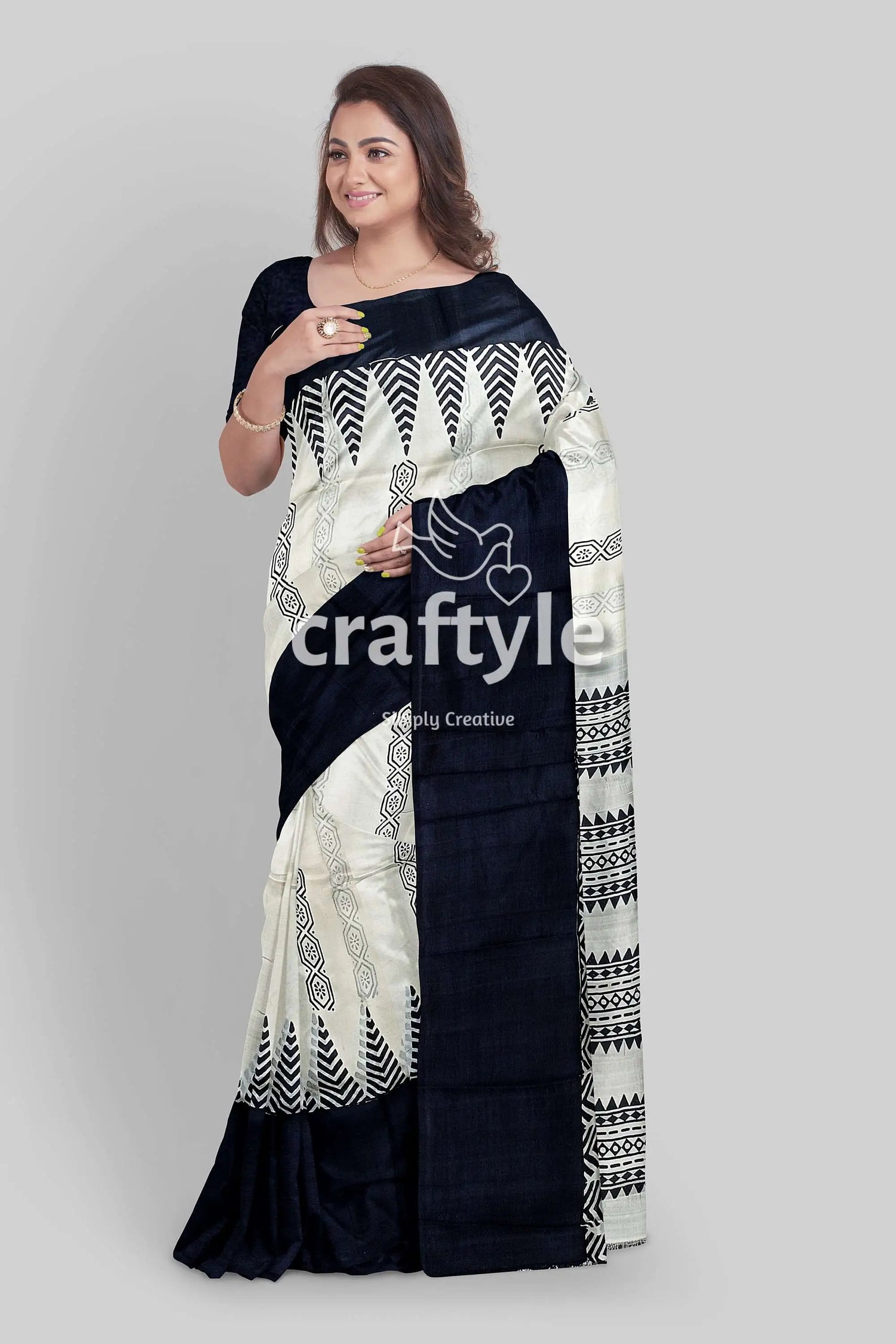 Jade black white hand block print pure mulberry silk saree - traditional indian style black white patterned saree 3