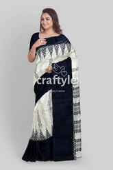 Jade black white hand block print pure mulberry silk saree - traditional indian style black white patterned saree 3