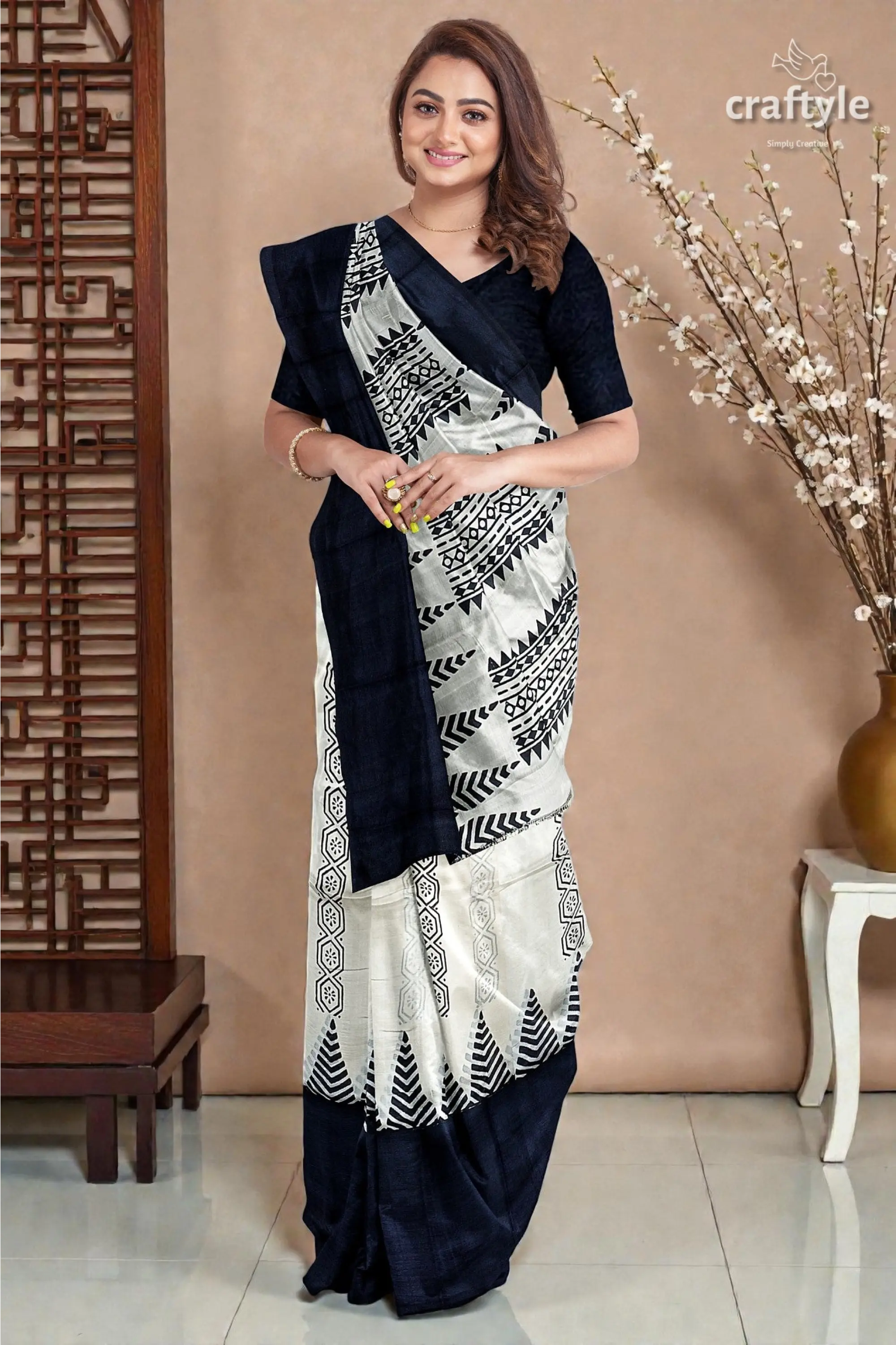 Jade black white hand block print pure mulberry silk saree - traditional indian style 1
