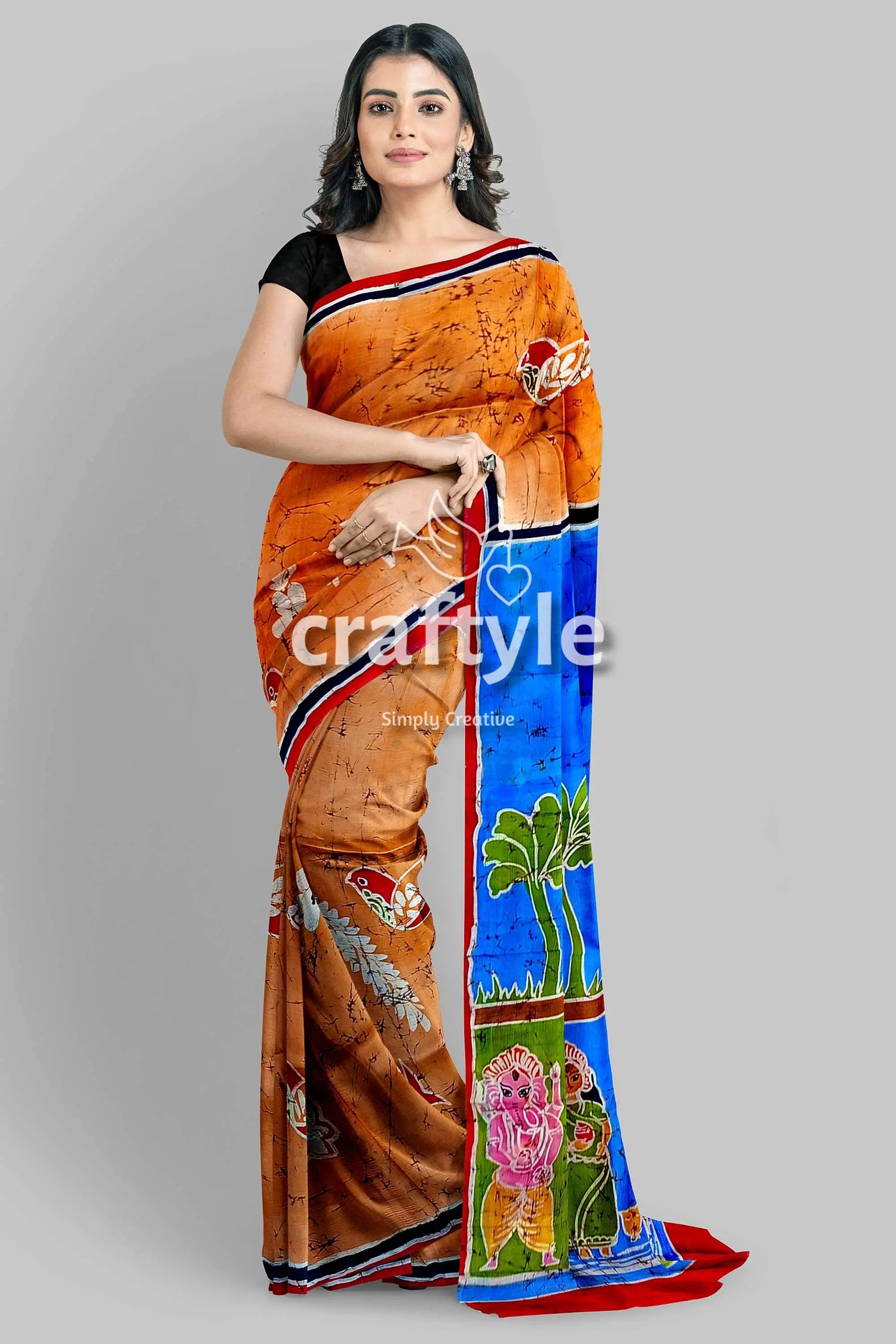 Jaffa sky blue goddess hand batik mulberry pure silk durga puja sari woman batik saree 3