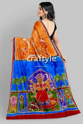 Jaffa sky blue goddess hand batik mulberry pure silk durga puja sari colorful batik saree deity design 4