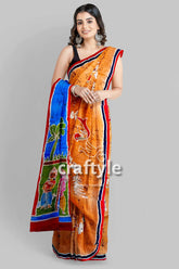 Jaffa sky blue goddess hand batik mulberry pure silk durga puja sari woman patterned orange saree 2
