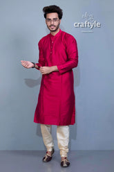 Jam color mens silk kurta ethnic party wear maroon kurta pajama set 3