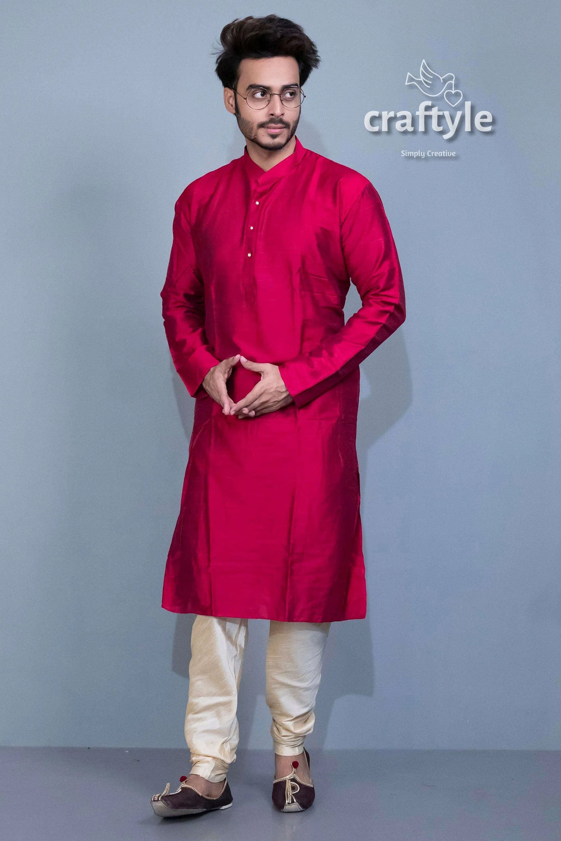 Jam color mens silk kurta - ethnic party wear man red pajama 1