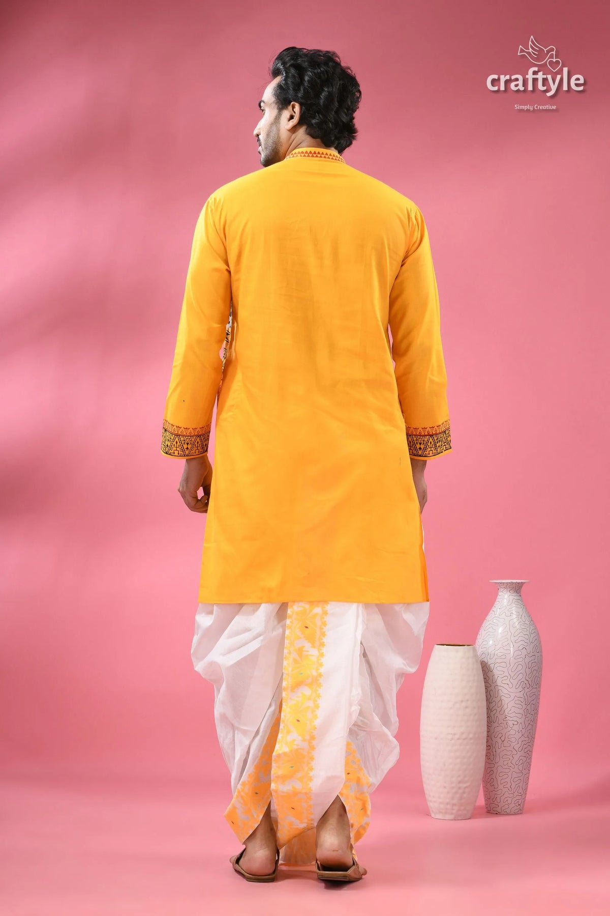 Jamdani men’s punjabi in pure cotton - traditional indian yellow kurta white dhoti 7