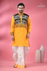 Jamdani men’s punjabi in pure cotton traditional indian men’s yellow kurta black white 6