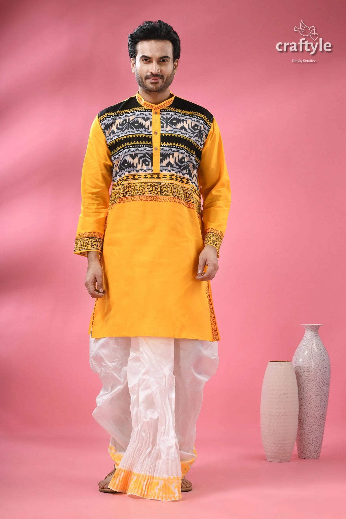 Jamdani men’s punjabi in pure cotton - traditional indian yellow kurta black white 6
