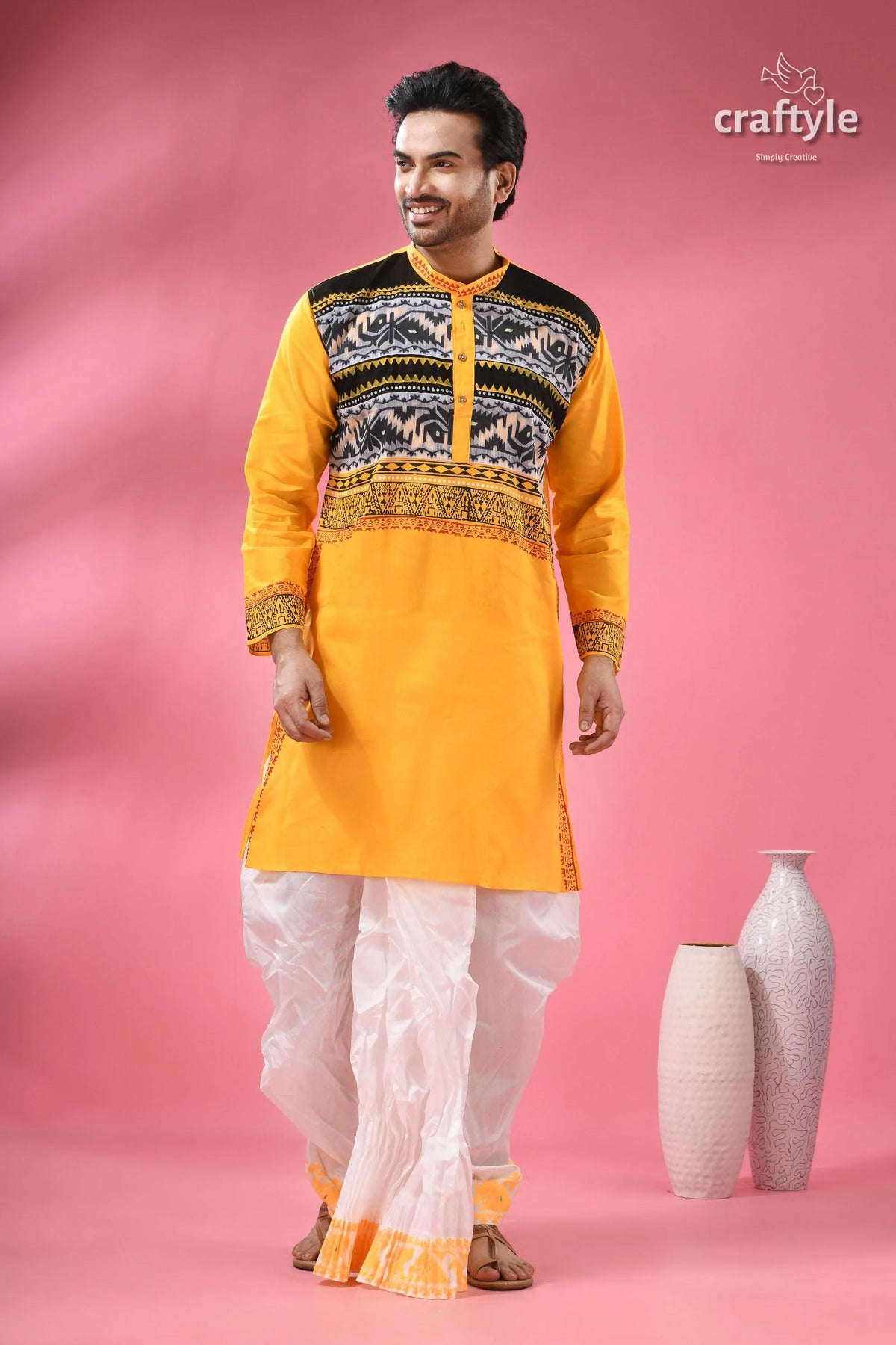 Jamdani men’s punjabi in pure cotton - traditional indian yellow kurta black white 4