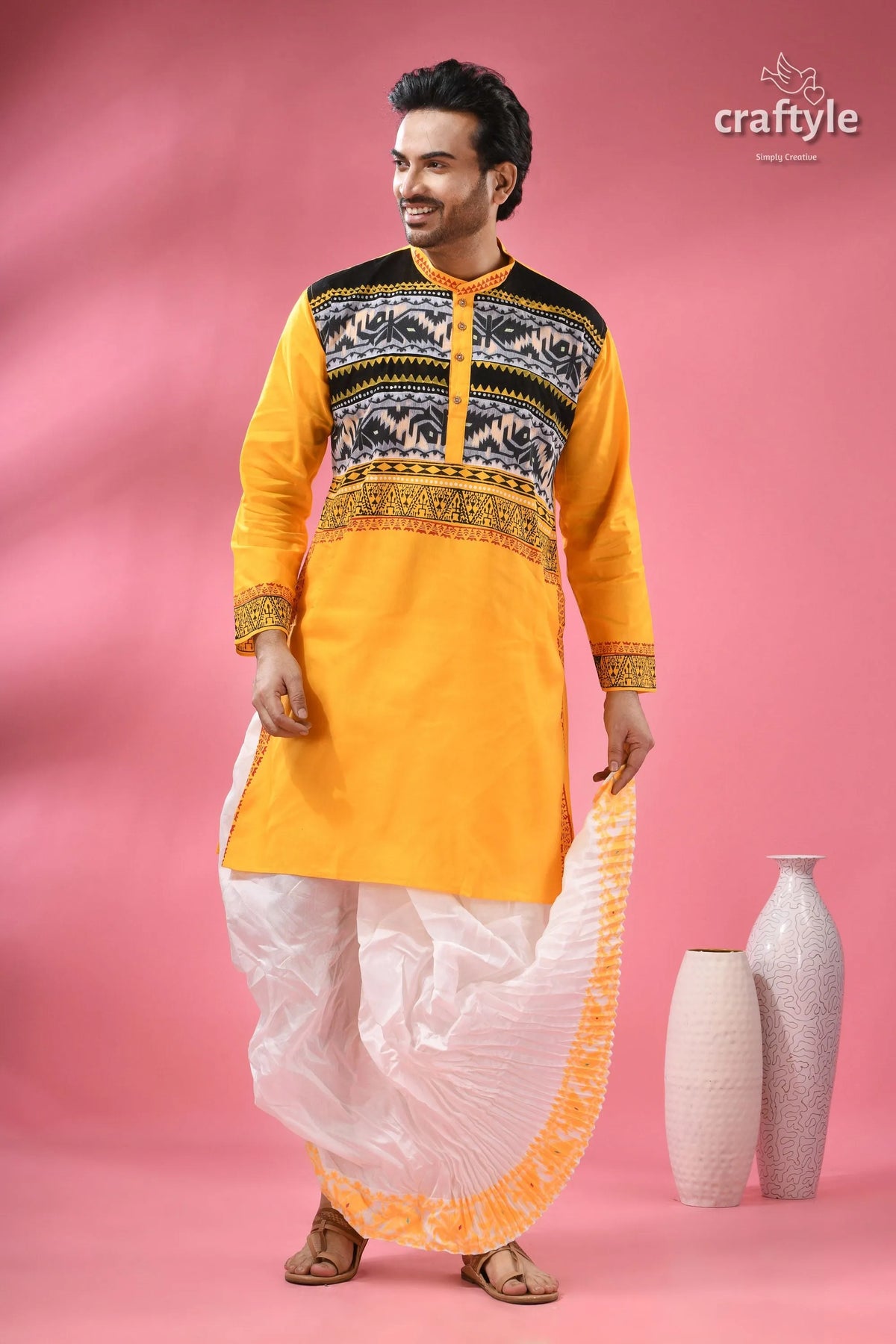 Jamdani men’s punjabi in pure cotton - traditional indian yellow kurta black white 5