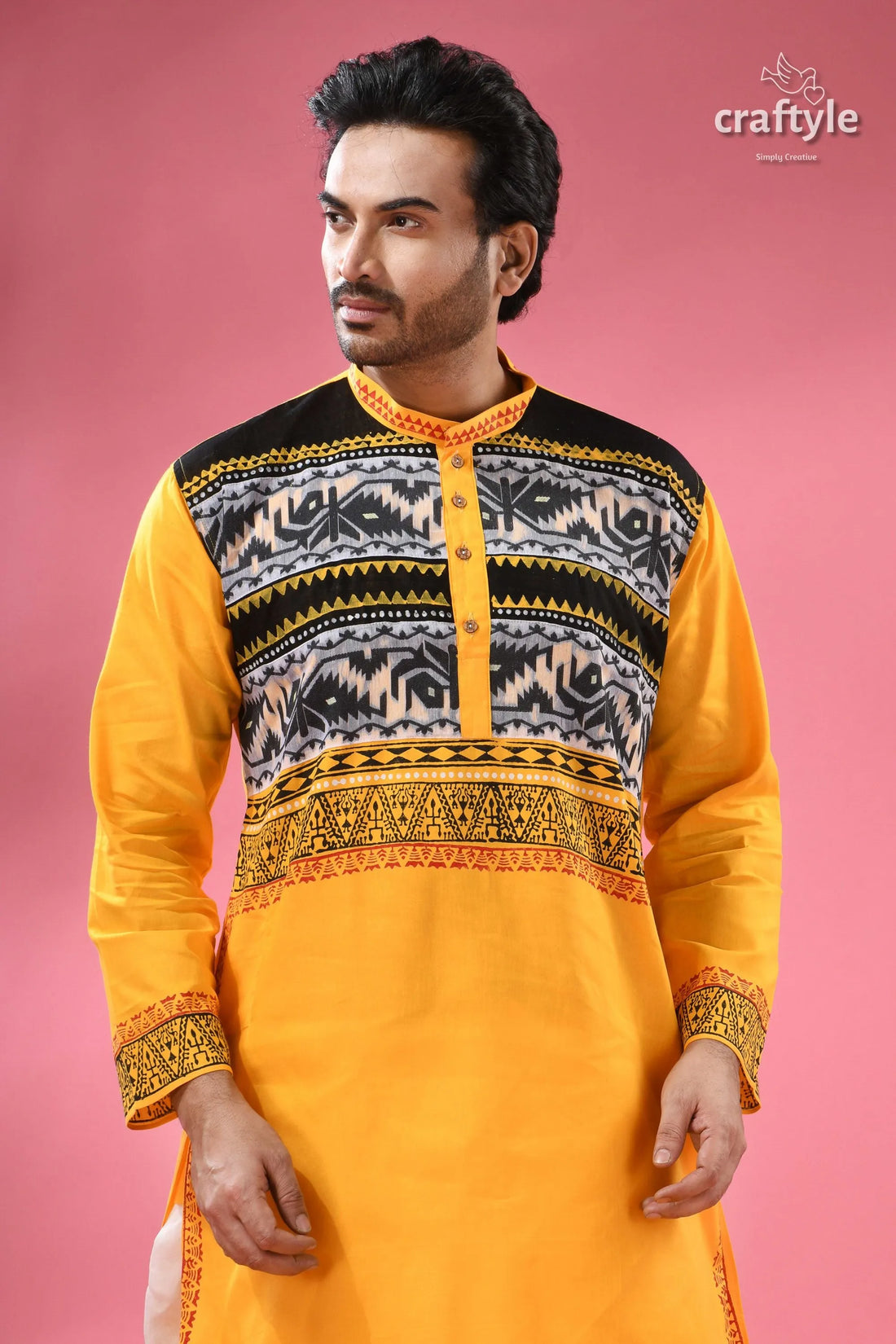 Jamdani men’s punjabi in pure cotton - traditional indian yellow kurta black white 2