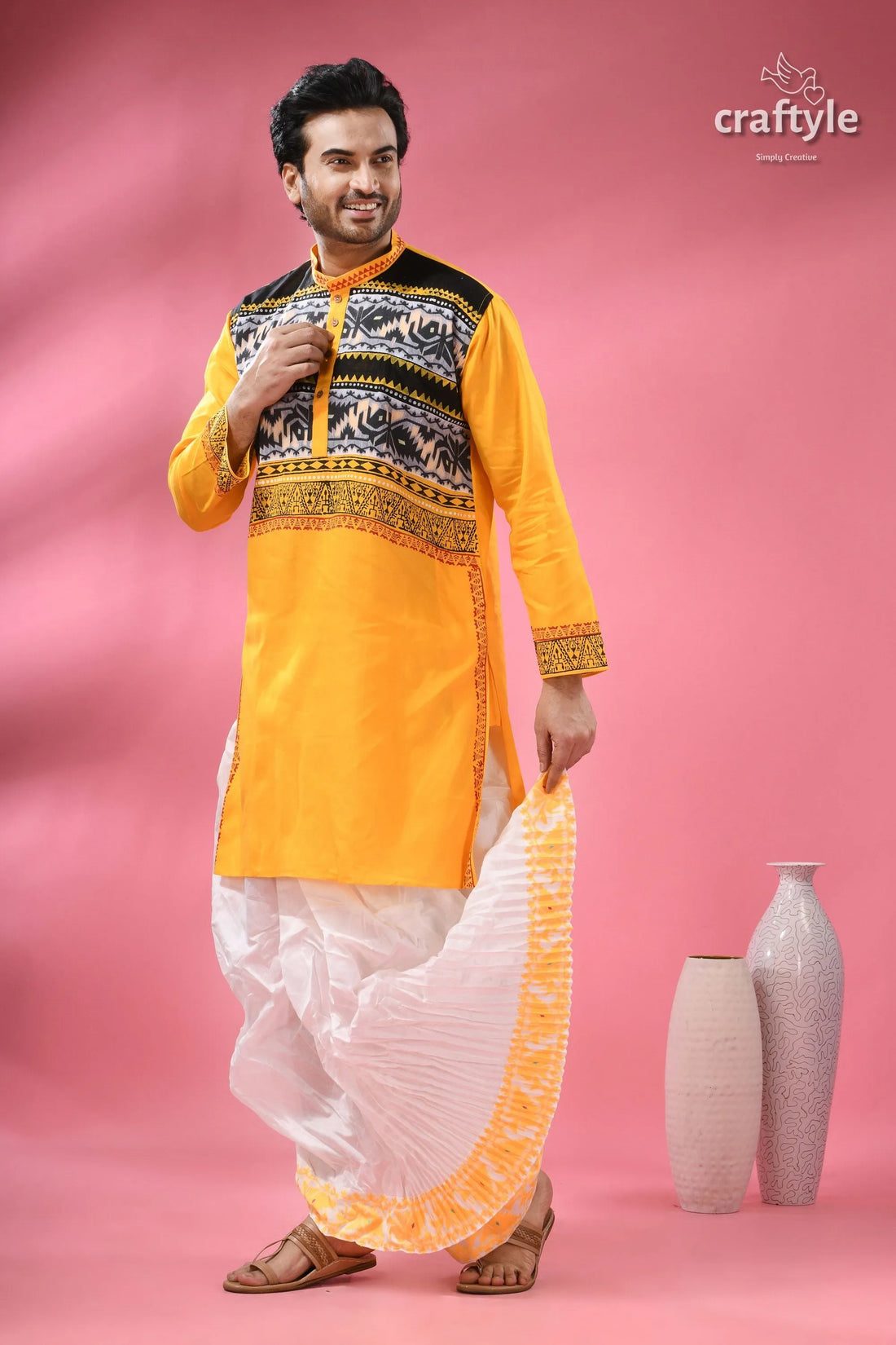 Jamdani men’s punjabi in pure cotton - traditional indian yellow black patterned kurta 1