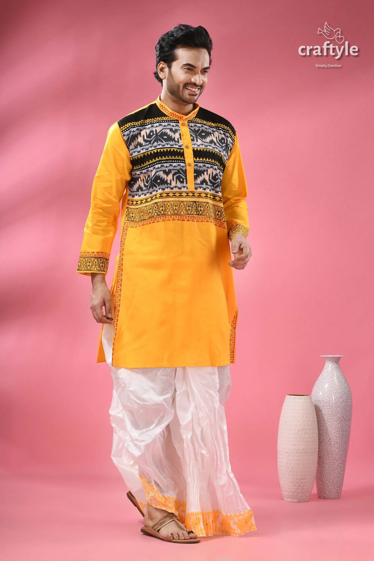 Jamdani men’s punjabi in pure cotton - traditional indian yellow kurta patterned black 3