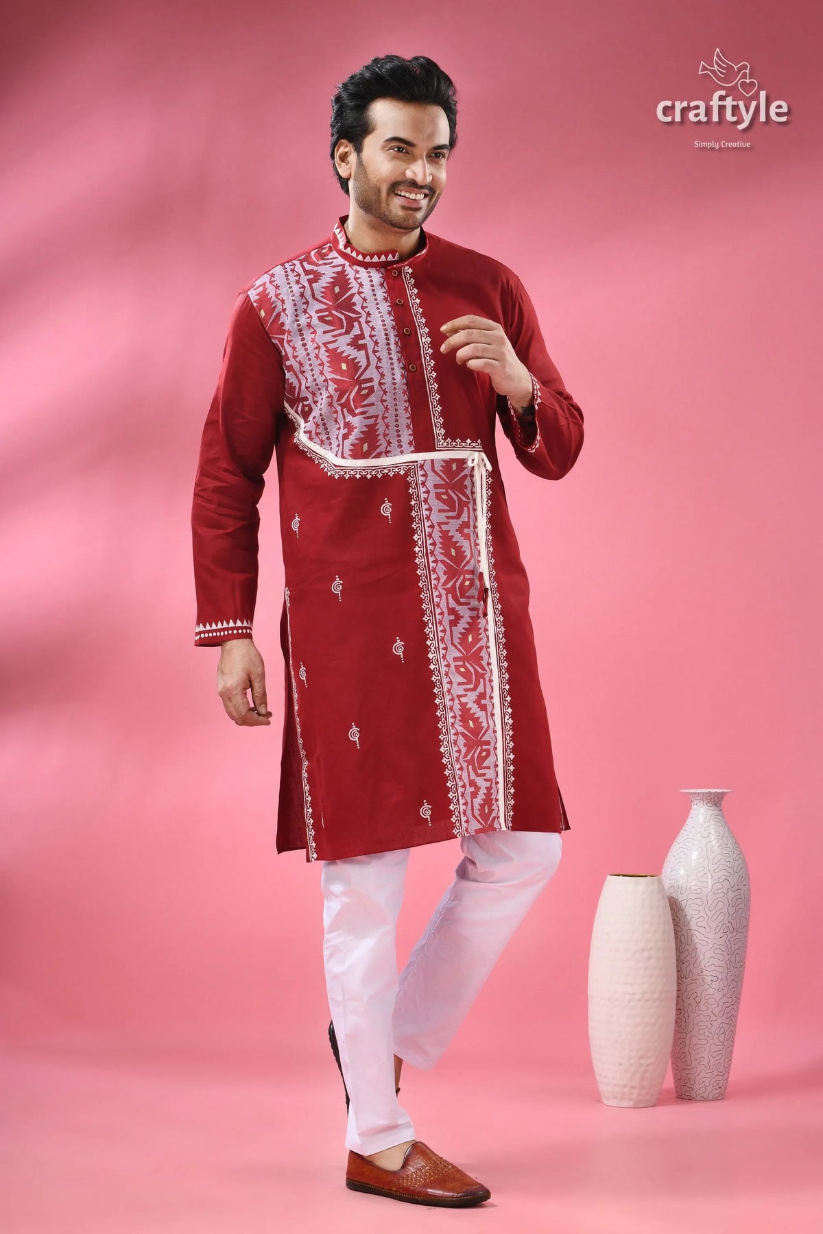 Jamdani weave cotton punjabi for men - festive ethnic wear men’s maroon embroidered kurta white 3