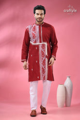 Jamdani weave cotton punjabi for men festive ethnic wear men’s maroon embroidered kurta white 1