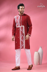 Jamdani weave cotton punjabi for men festive ethnic wear men’s red embroidered kurta white 2
