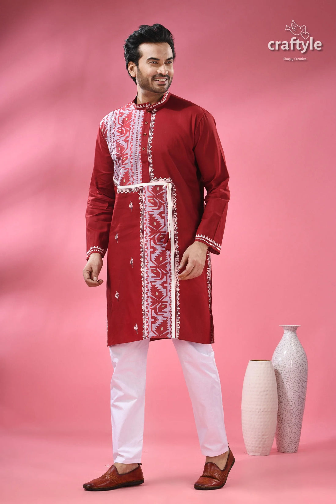 Jamdani weave cotton punjabi for men - festive ethnic wear men’s red embroidered kurta white 2