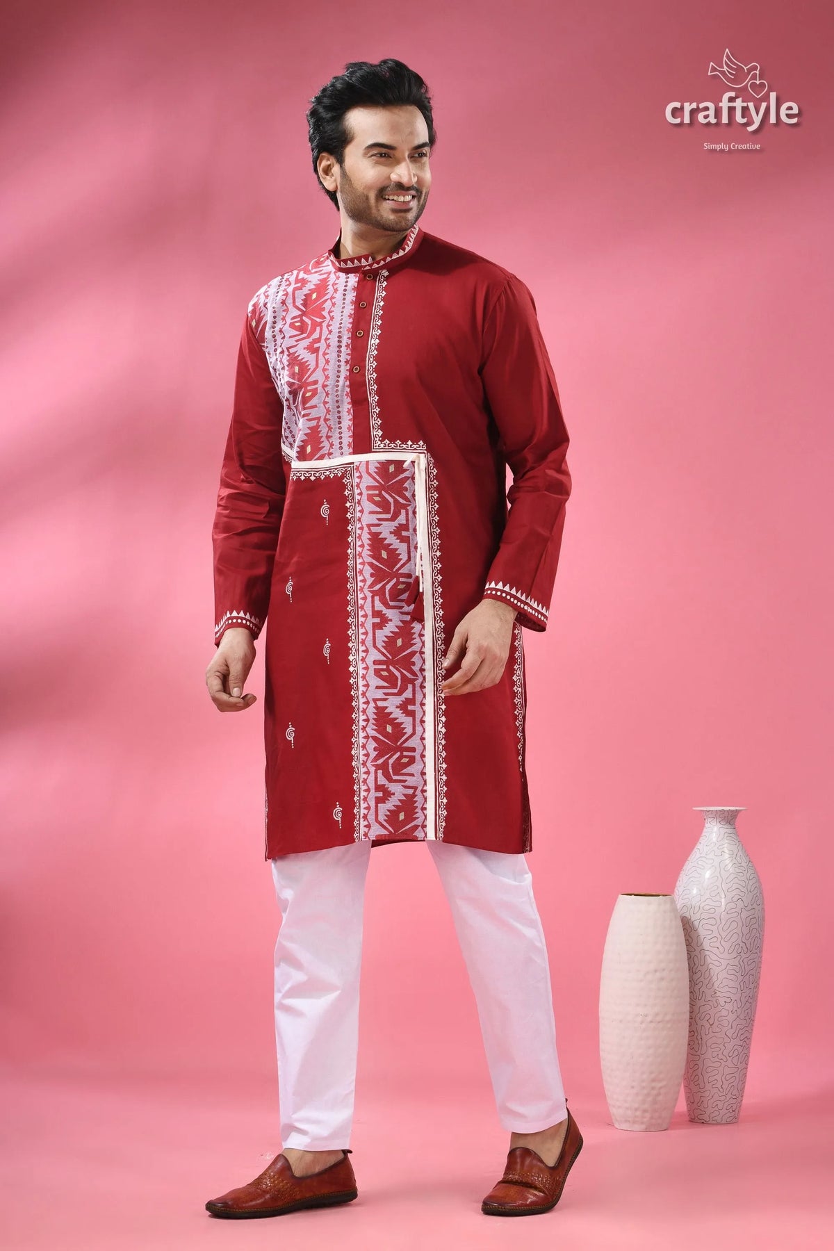 Jamdani weave cotton punjabi for men - festive ethnic wear men’s red embroidered kurta white 2