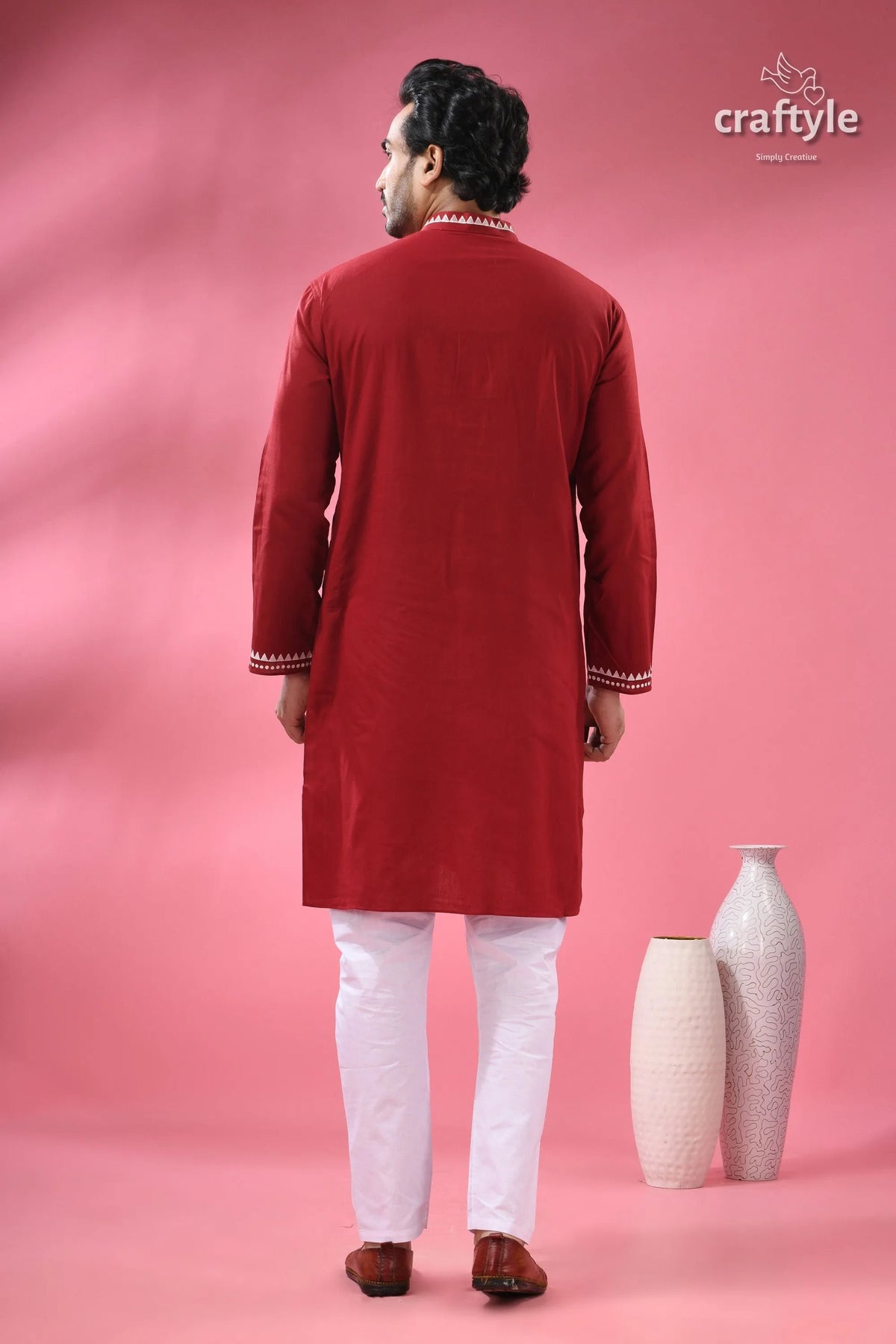 Jamdani weave cotton punjabi for men - festive ethnic wear man red kurta white pajama 5