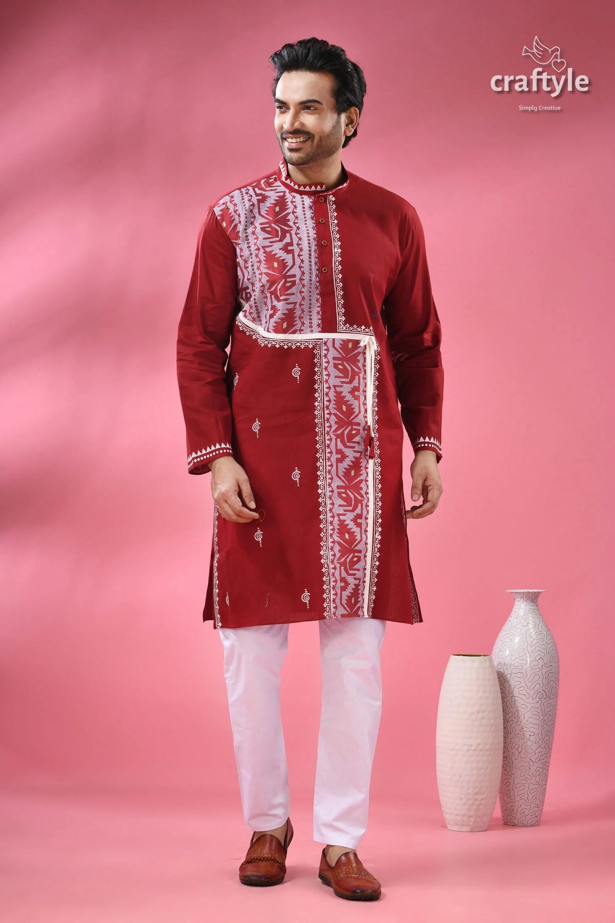 Jamdani weave cotton punjabi for men - festive ethnic wear men’s red patterned kurta white 4