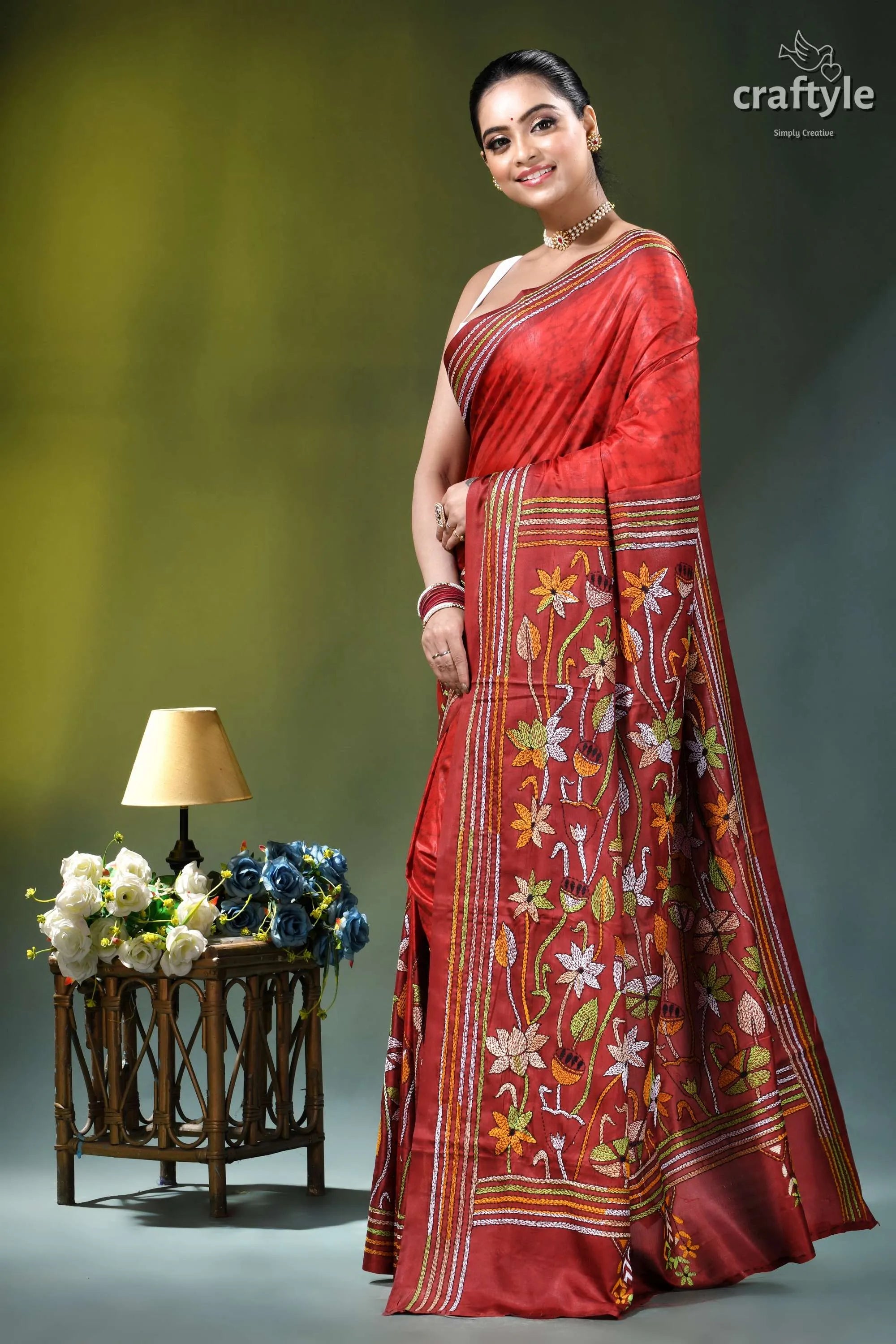 Jasper red floral design hand batik kantha silk saree rich red silk saree adorned 3