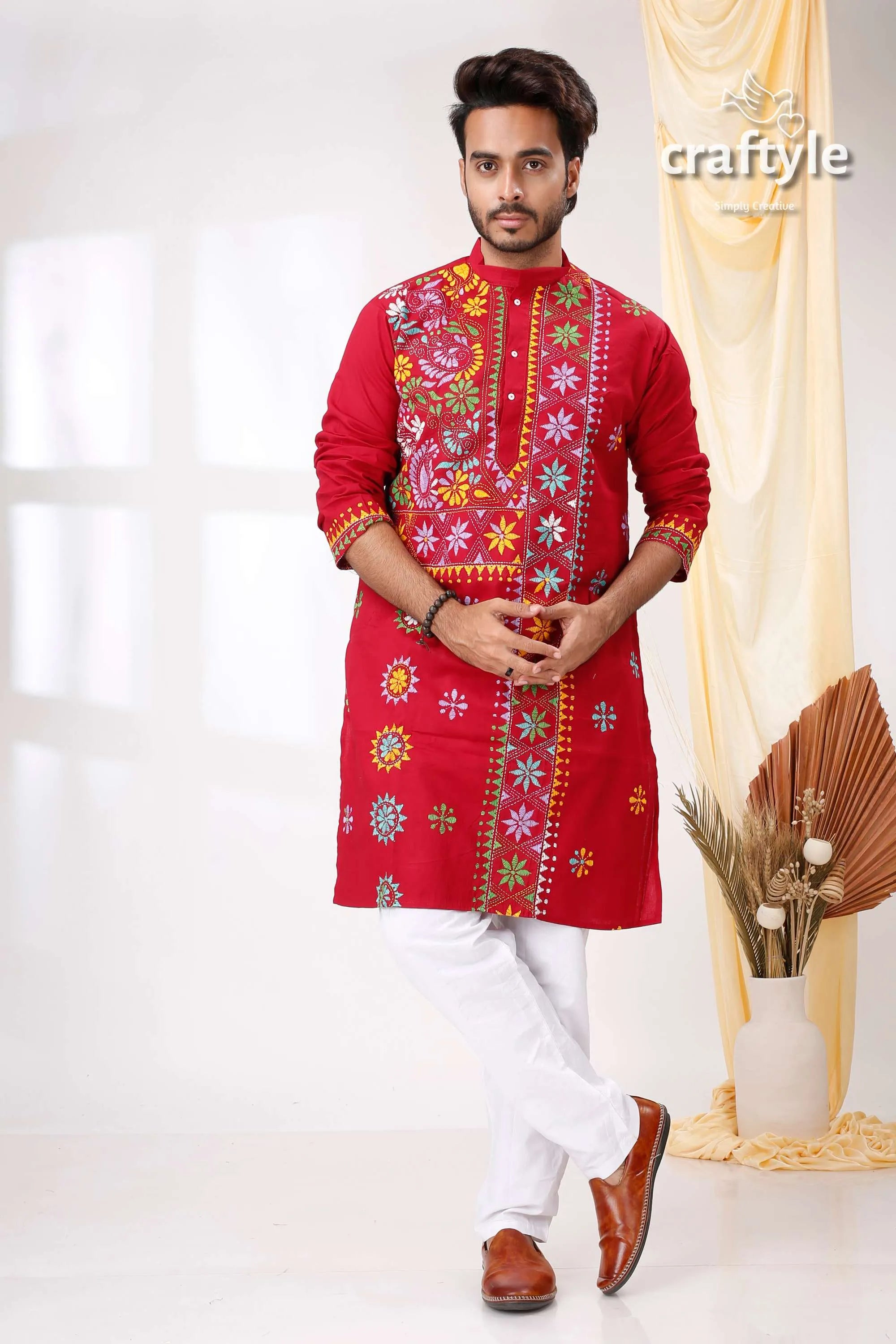 Jazzberry jam color multithread kantha work cotton ethnic punjabi for men red embroidered kurta white pants 1