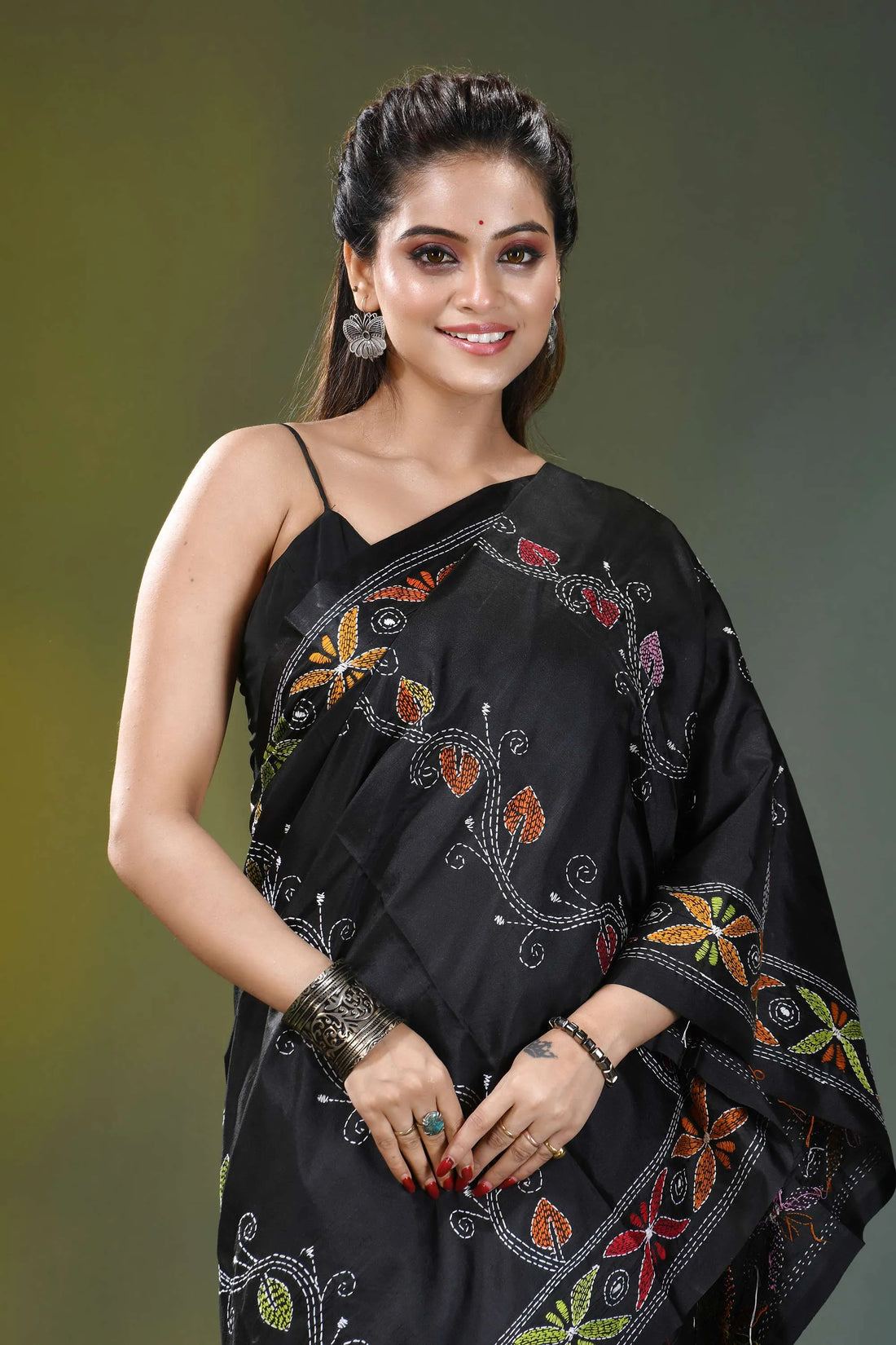 Jet black bird motif hand embroidery silk kantha saree black silk saree adorned intricate 2